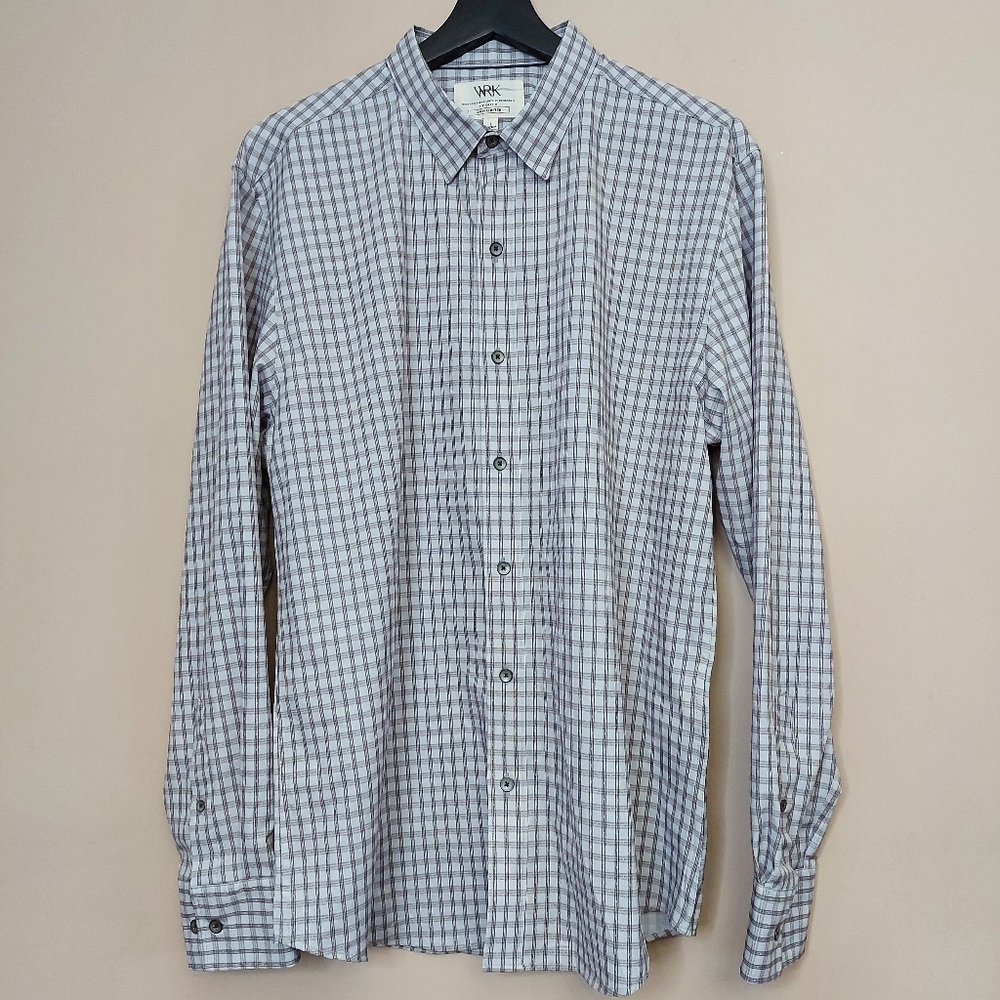 W.R.K. Trim Fit Square Check Performance Dress Shirt Size Large  Gray and White